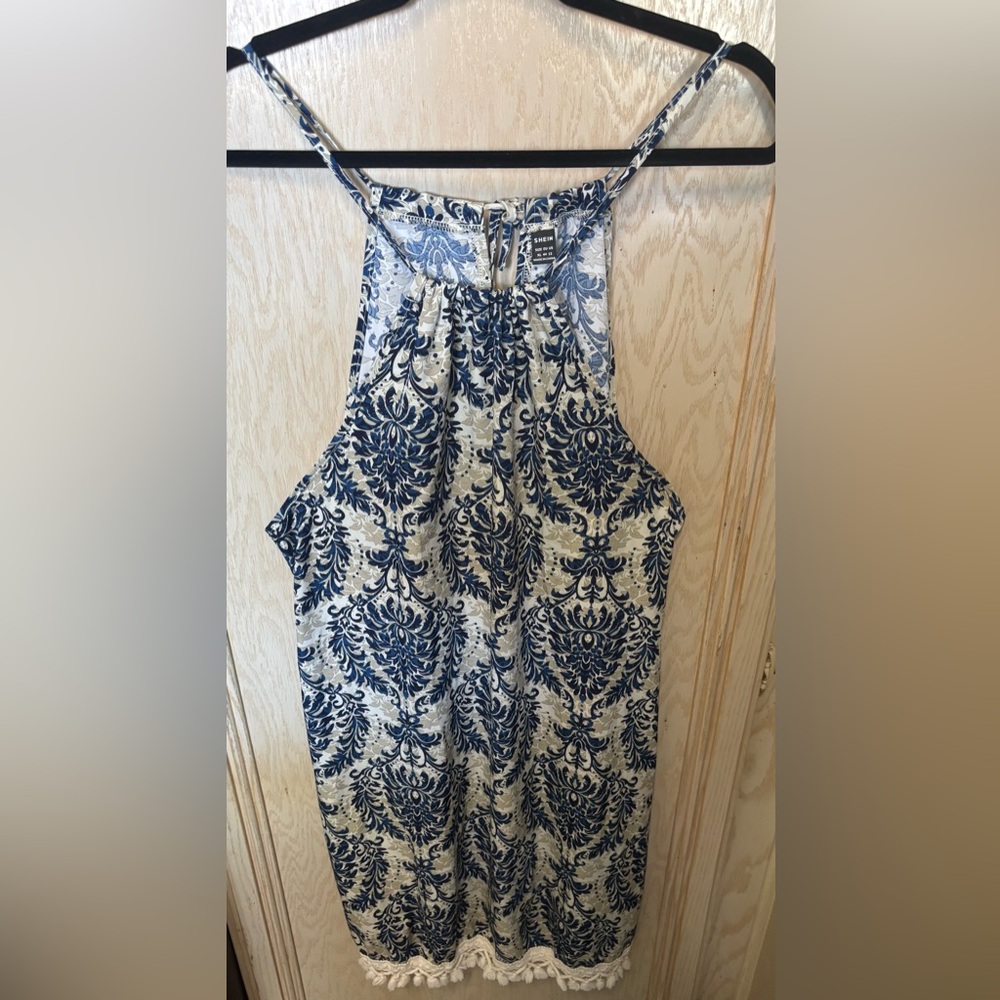 SHEIN Blue and White Patterned Midi Dress Adjustable‎ Straps